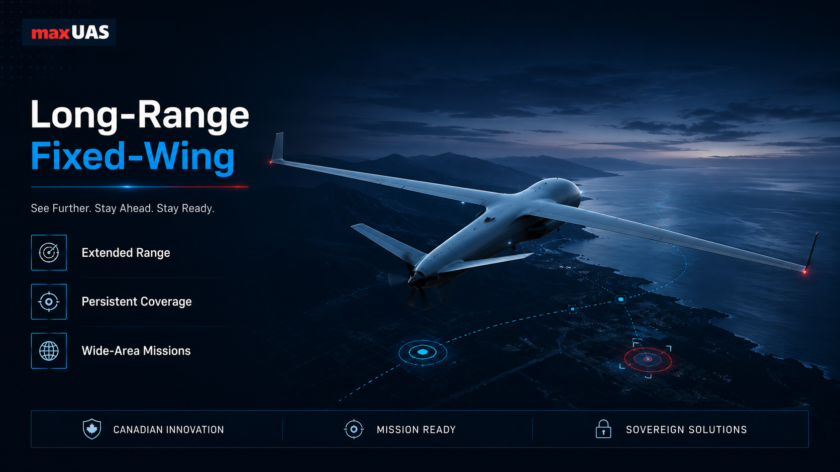 maxUAS long-range fixed-wing platform concept over coastal terrain