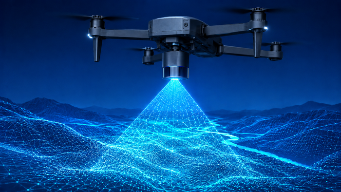 LiDAR terrain sensing payload scanning a digital terrain model