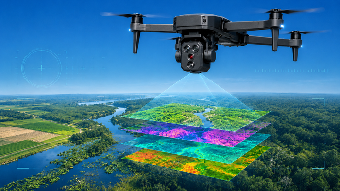 Multispectral environmental payload showing layered vegetation and terrain analysis